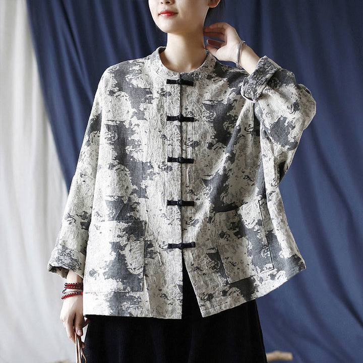 Camicia da giacca in lino di cotone a maniche lunghe con stampa grigia nera Buddha Stones Frog-button Design con tasche