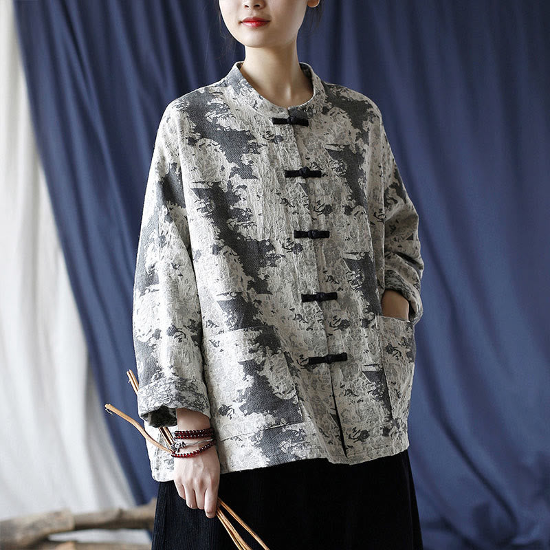 Camicia da giacca in lino di cotone a maniche lunghe con stampa grigia nera Buddha Stones Frog-button Design con tasche