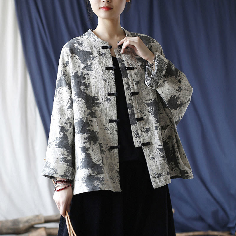 Camicia da giacca in lino di cotone a maniche lunghe con stampa grigia nera Buddha Stones Frog-button Design con tasche