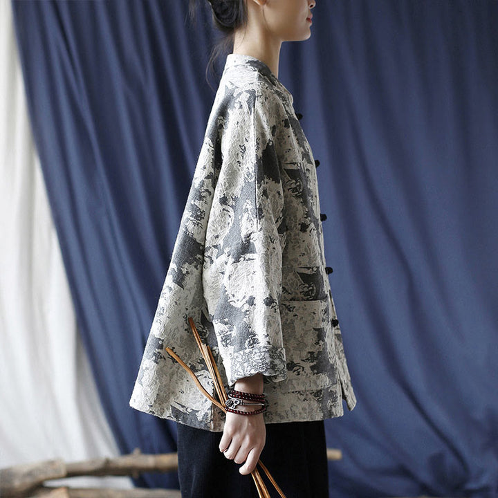 Camicia da giacca in lino di cotone a maniche lunghe con stampa grigia nera Buddha Stones Frog-button Design con tasche