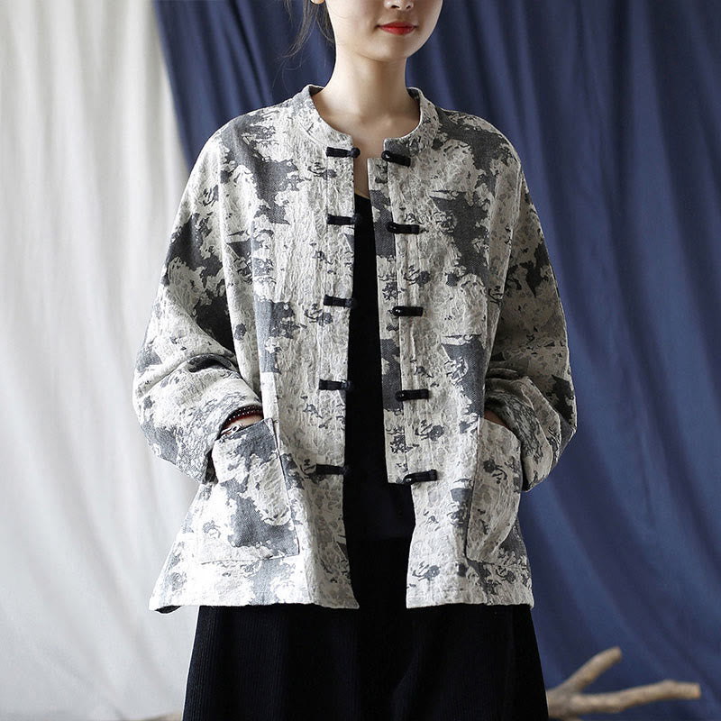 Camicia da giacca in lino di cotone a maniche lunghe con stampa grigia nera Buddha Stones Frog-button Design con tasche