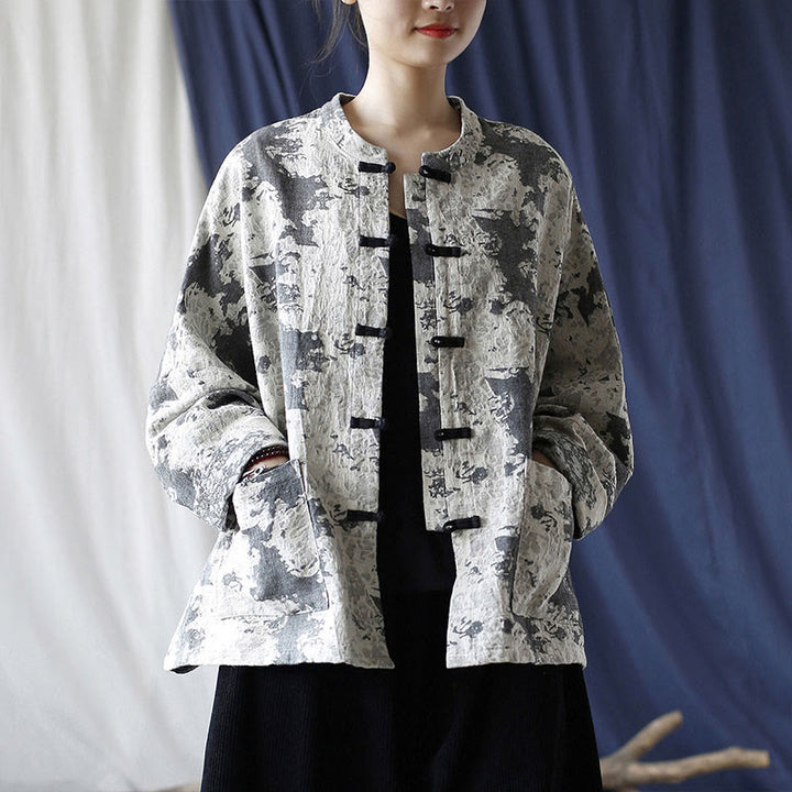 Camicia da giacca in lino di cotone a maniche lunghe con stampa grigia nera Buddha Stones Frog-button Design con tasche