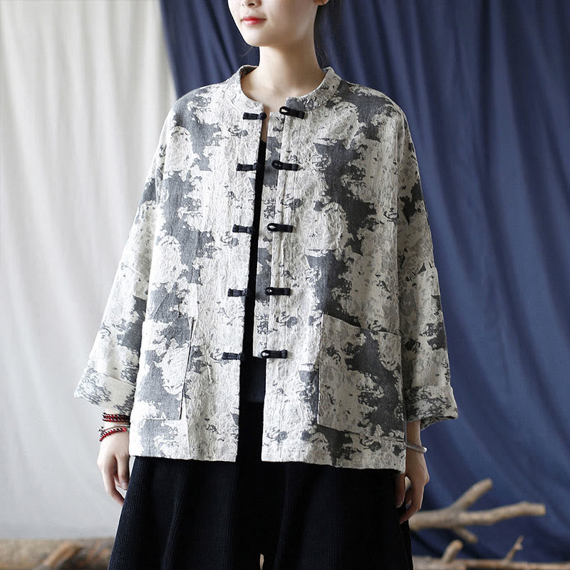Camicia da giacca in lino di cotone a maniche lunghe con stampa grigia nera Buddha Stones Frog-button Design con tasche