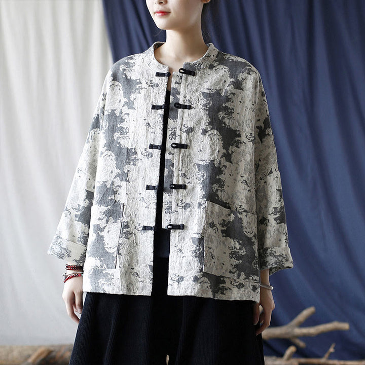 Camicia da giacca in lino di cotone a maniche lunghe con stampa grigia nera Buddha Stones Frog-button Design con tasche