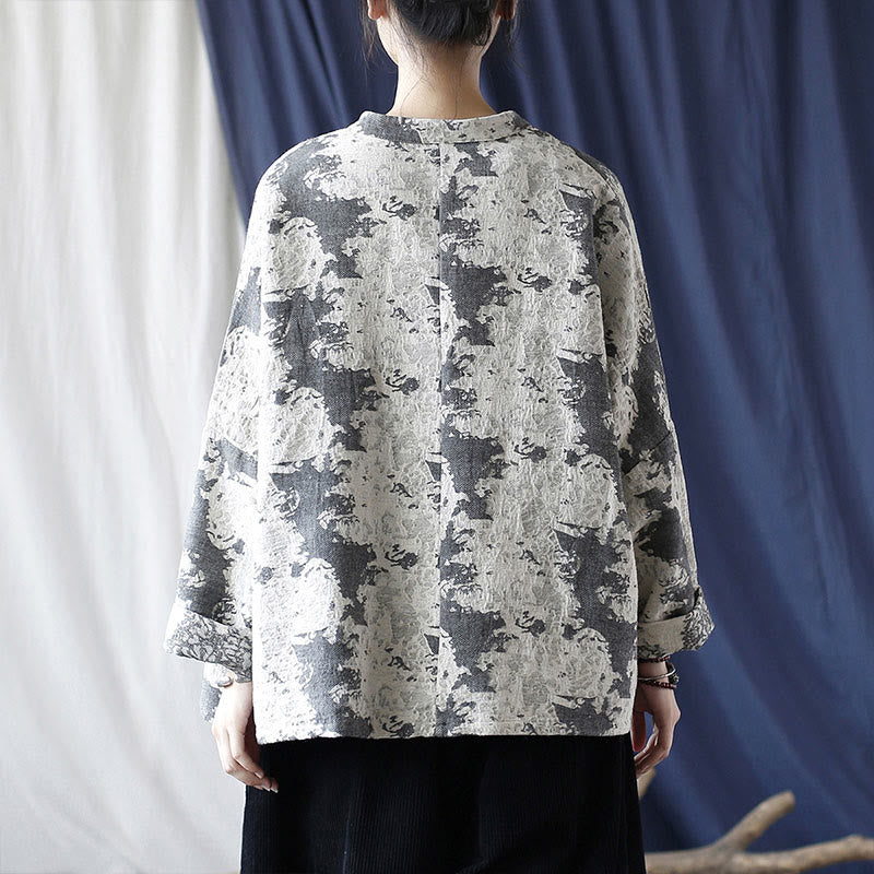 Camicia da giacca in lino di cotone a maniche lunghe con stampa grigia nera Buddha Stones Frog-button Design con tasche