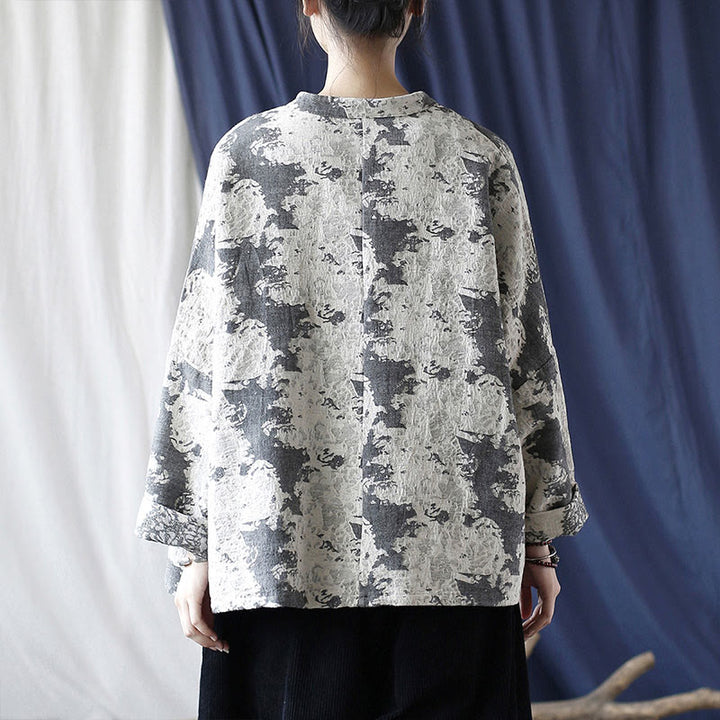 Camicia da giacca in lino di cotone a maniche lunghe con stampa grigia nera Buddha Stones Frog-button Design con tasche