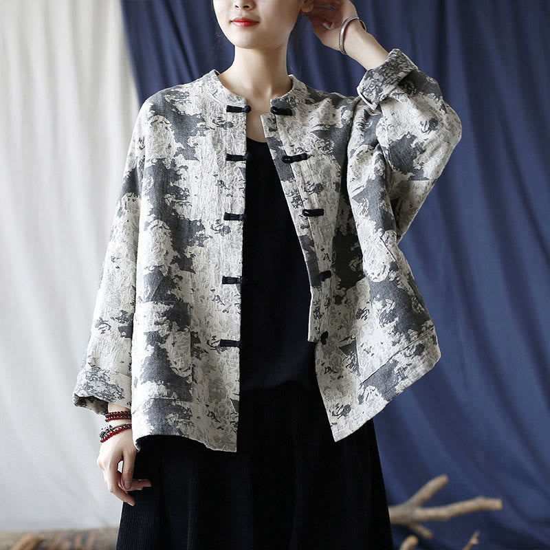 Camicia da giacca in lino di cotone a maniche lunghe con stampa grigia nera Buddha Stones Frog-button Design con tasche