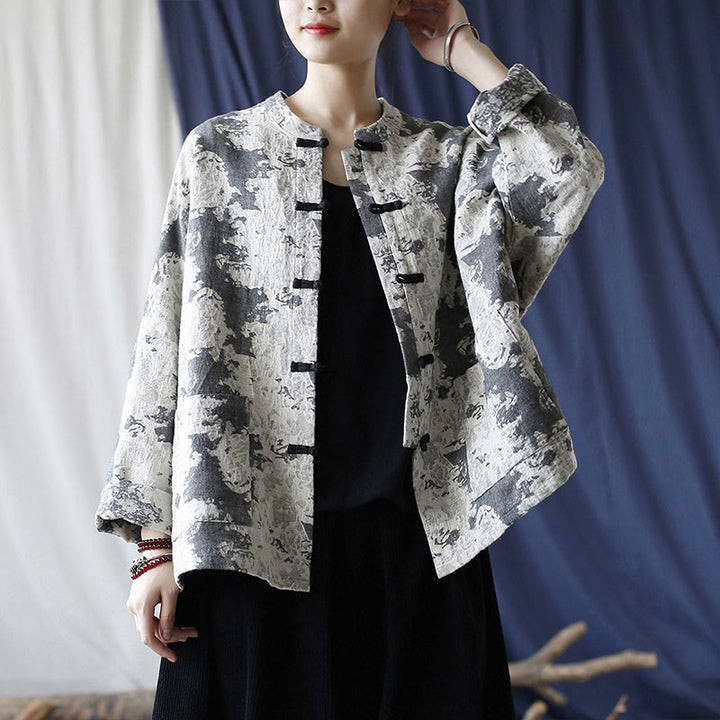 Camicia da giacca in lino di cotone a maniche lunghe con stampa grigia nera Buddha Stones Frog-button Design con tasche
