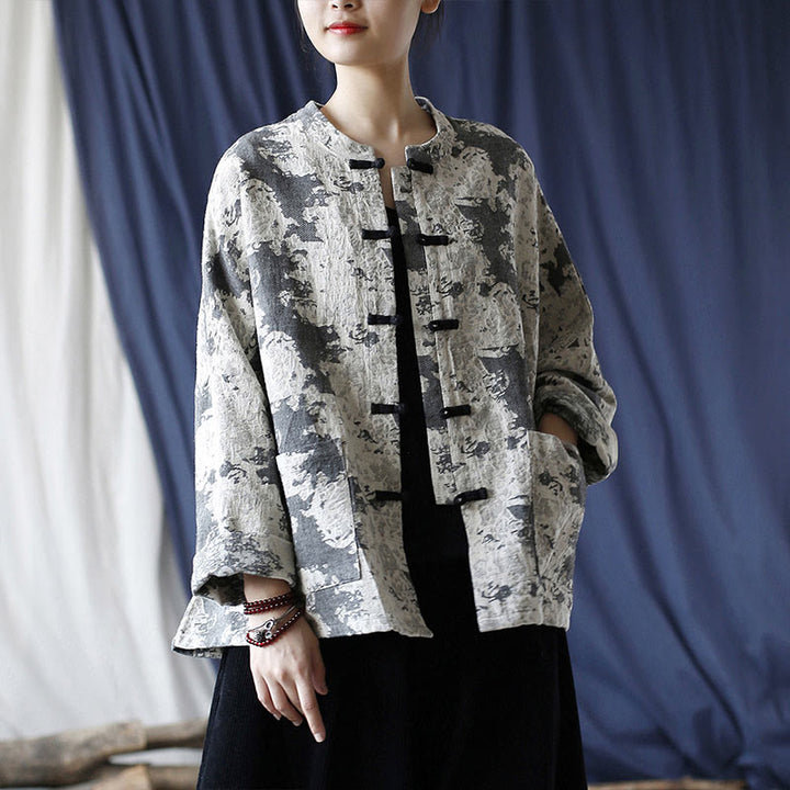 Camicia da giacca in lino di cotone a maniche lunghe con stampa grigia nera Buddha Stones Frog-button Design con tasche