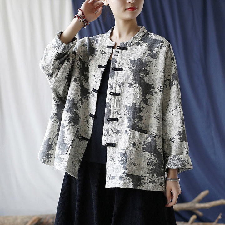 Camicia da giacca in lino di cotone a maniche lunghe con stampa grigia nera Buddha Stones Frog-button Design con tasche