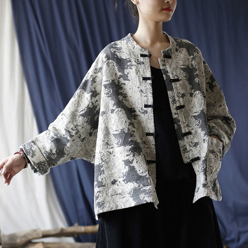 Camicia da giacca in lino di cotone a maniche lunghe con stampa grigia nera Buddha Stones Frog-button Design con tasche