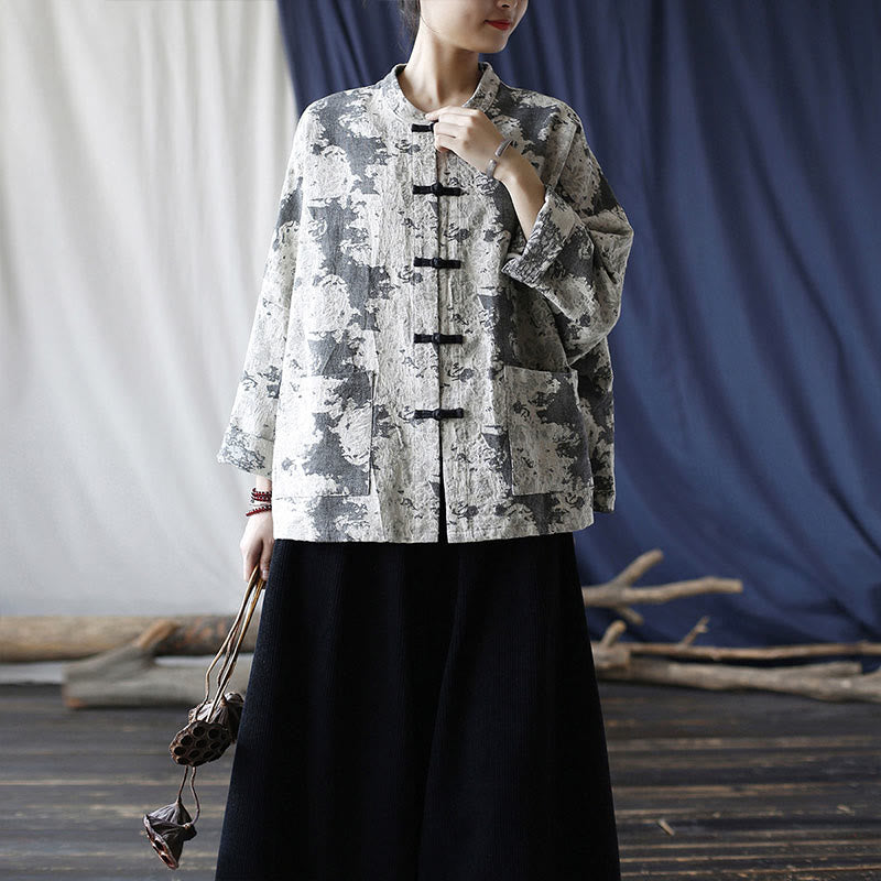Camicia da giacca in lino di cotone a maniche lunghe con stampa grigia nera Buddha Stones Frog-button Design con tasche