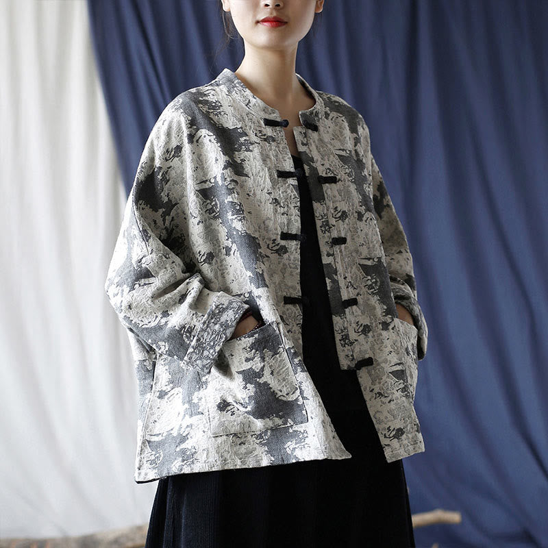 Camicia da giacca in lino di cotone a maniche lunghe con stampa grigia nera Buddha Stones Frog-button Design con tasche