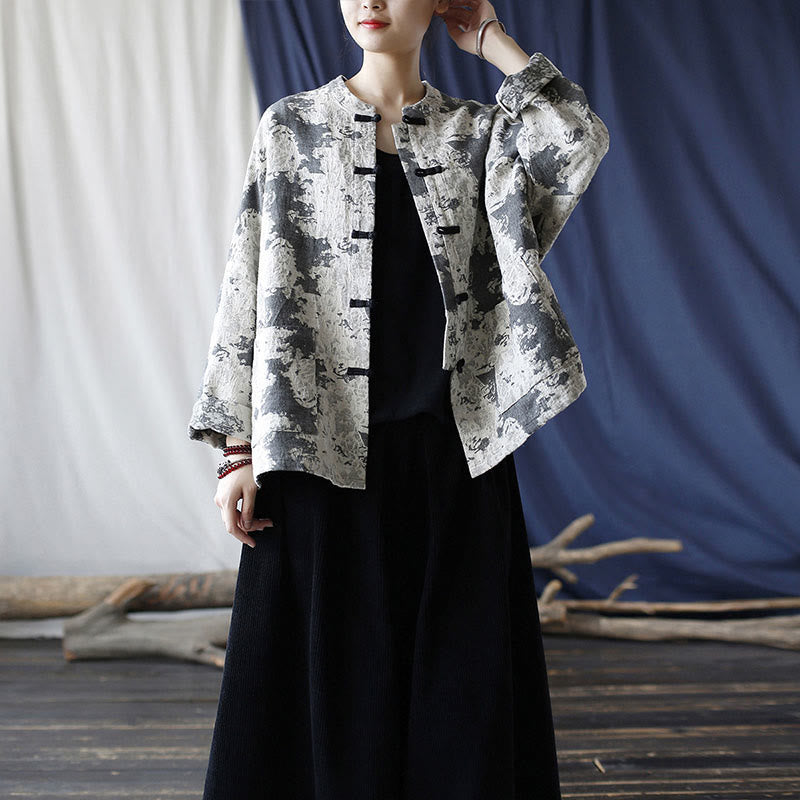 Camicia da giacca in lino di cotone a maniche lunghe con stampa grigia nera Buddha Stones Frog-button Design con tasche
