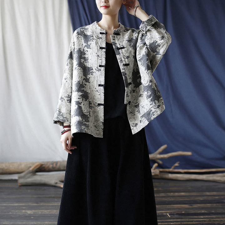 Camicia da giacca in lino di cotone a maniche lunghe con stampa grigia nera Buddha Stones Frog-button Design con tasche