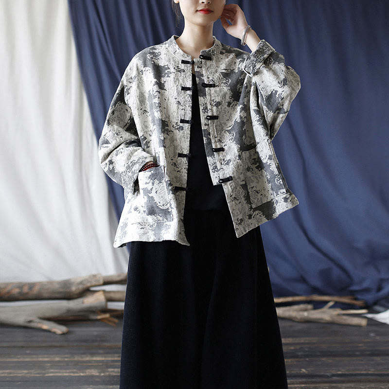 Camicia da giacca in lino di cotone a maniche lunghe con stampa grigia nera Buddha Stones Frog-button Design con tasche