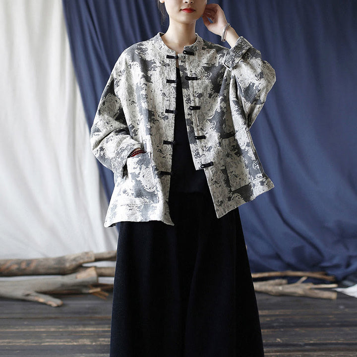 Camicia da giacca in lino di cotone a maniche lunghe con stampa grigia nera Buddha Stones Frog-button Design con tasche