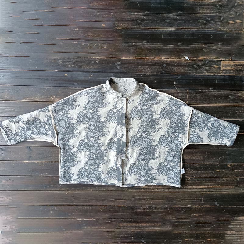 Camicia da giacca in lino di cotone a maniche lunghe con stampa grigia nera Buddha Stones Frog-button Design con tasche
