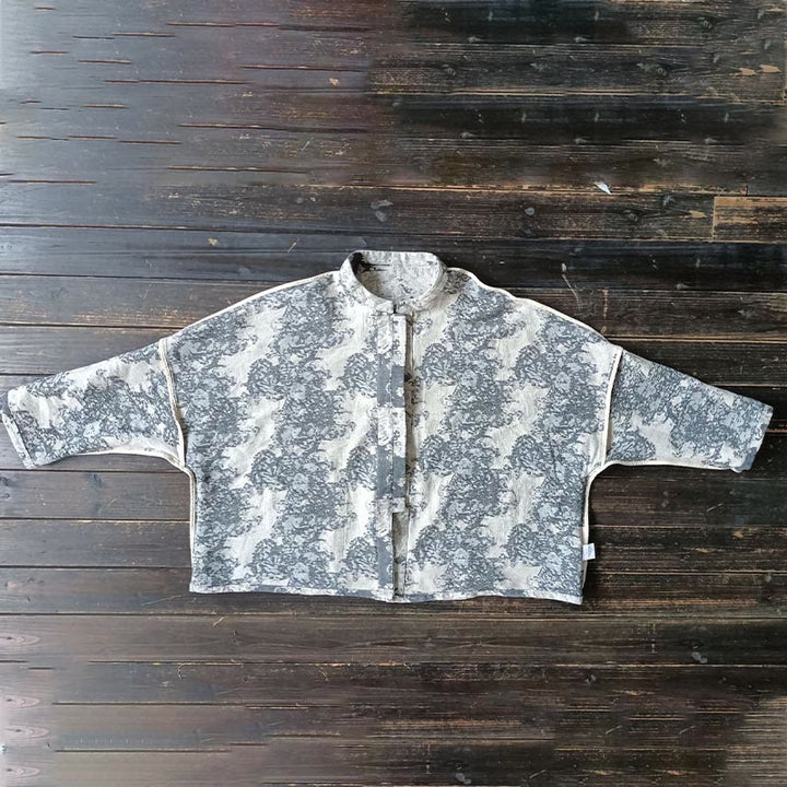 Camicia da giacca in lino di cotone a maniche lunghe con stampa grigia nera Buddha Stones Frog-button Design con tasche