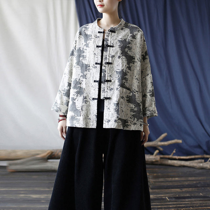 Camicia da giacca in lino di cotone a maniche lunghe con stampa grigia nera Buddha Stones Frog-button Design con tasche
