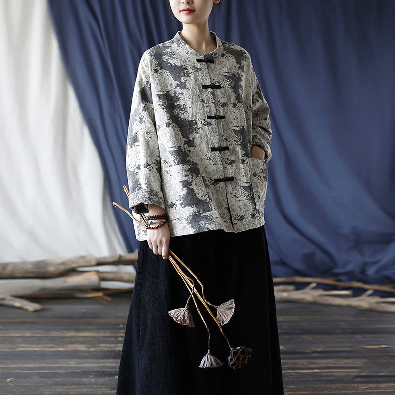 Camicia da giacca in lino di cotone a maniche lunghe con stampa grigia nera Buddha Stones Frog-button Design con tasche