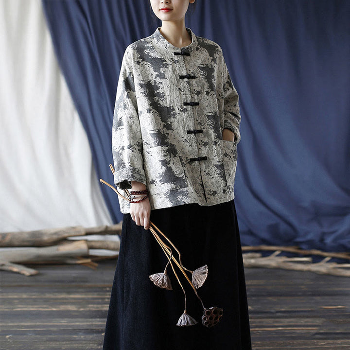 Camicia da giacca in lino di cotone a maniche lunghe con stampa grigia nera Buddha Stones Frog-button Design con tasche