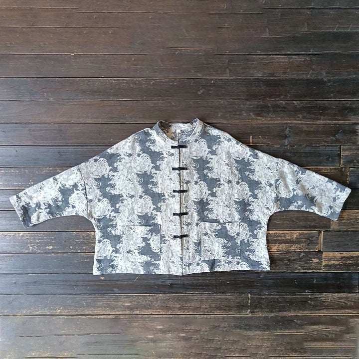 Camicia da giacca in lino di cotone a maniche lunghe con stampa grigia nera Buddha Stones Frog-button Design con tasche