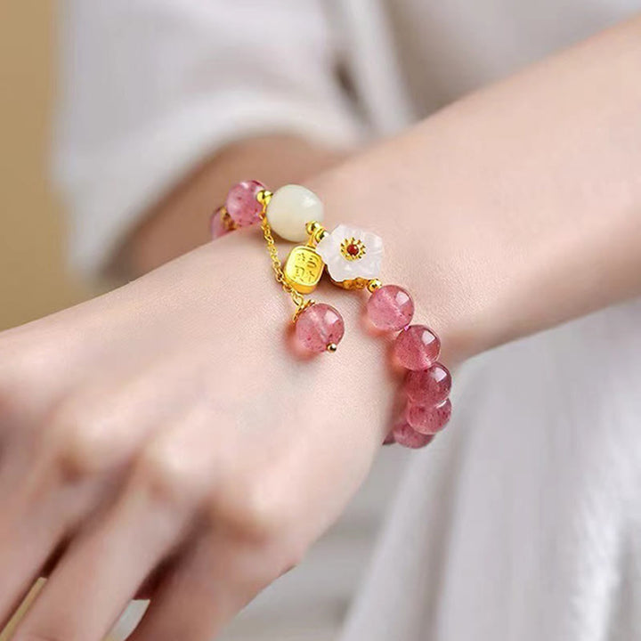 Braccialetto di guarigione in cristallo rosa con carattere Fu in quarzo fragola Buddha Stones