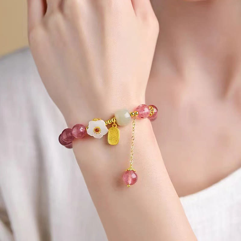 Braccialetto di guarigione in cristallo rosa con carattere Fu in quarzo fragola Buddha Stones