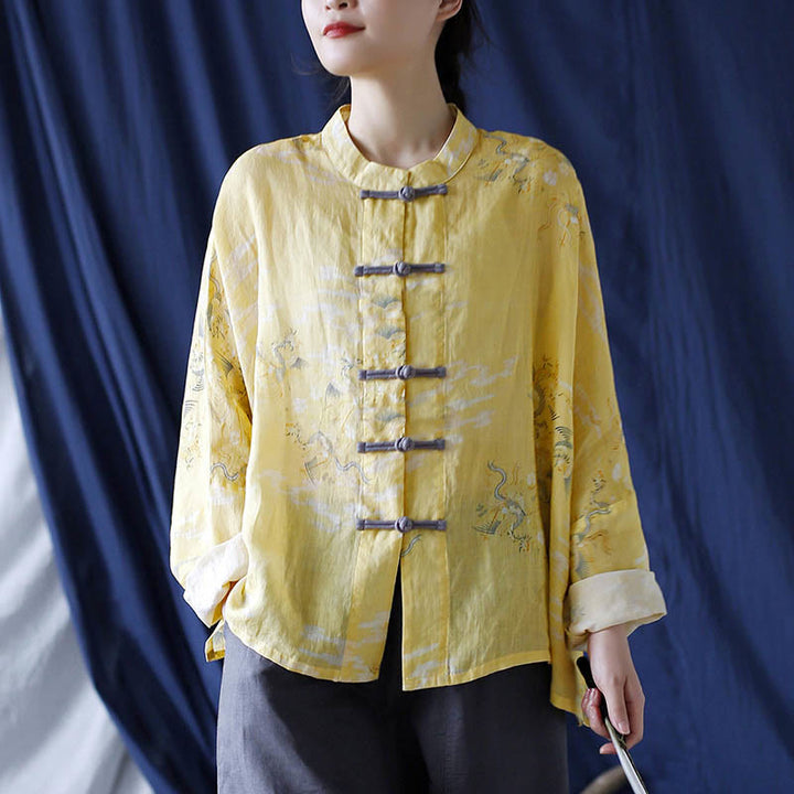 Camicia giacca in lino ramiè a maniche lunghe con stampa fenice gialla Buddha Stones Frog-button design