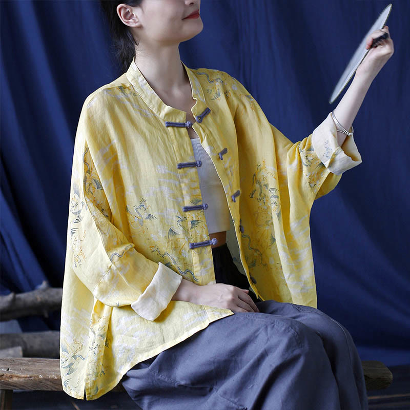Camicia giacca in lino ramiè a maniche lunghe con stampa fenice gialla Buddha Stones Frog-button design