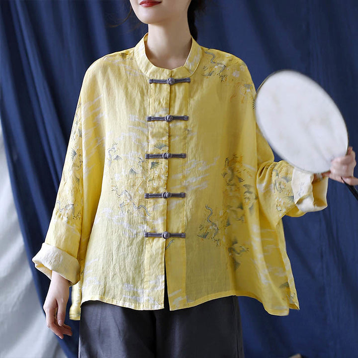 Camicia giacca in lino ramiè a maniche lunghe con stampa fenice gialla Buddha Stones Frog-button design