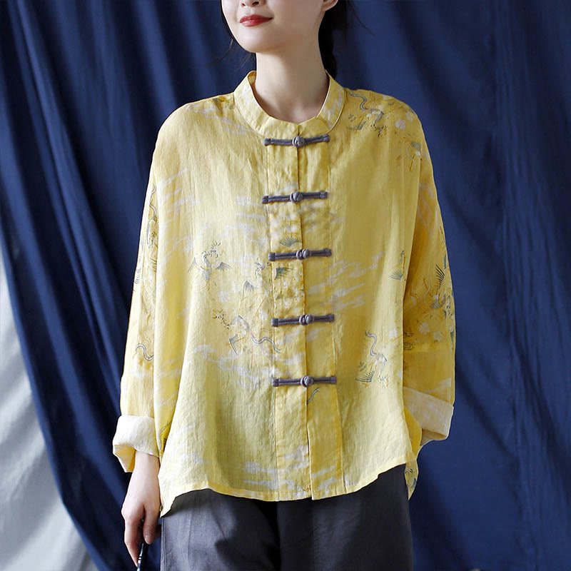 Camicia giacca in lino ramiè a maniche lunghe con stampa fenice gialla Buddha Stones Frog-button design