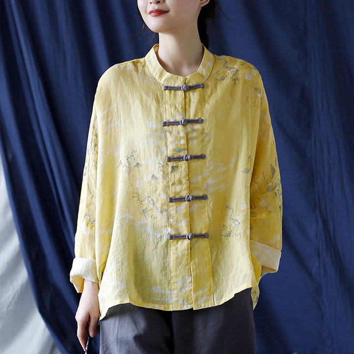Camicia giacca in lino ramiè a maniche lunghe con stampa fenice gialla Buddha Stones Frog-button design