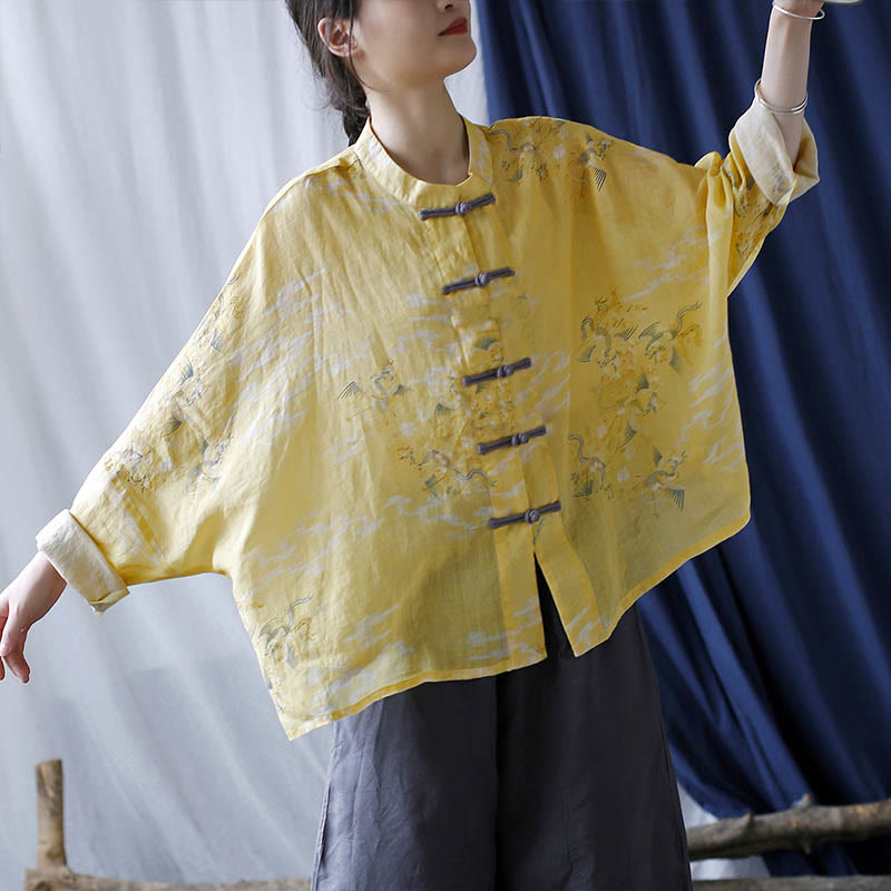 Camicia giacca in lino ramiè a maniche lunghe con stampa fenice gialla Buddha Stones Frog-button design