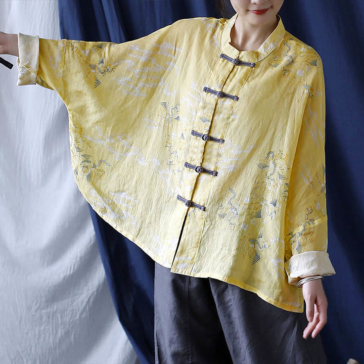 Camicia giacca in lino ramiè a maniche lunghe con stampa fenice gialla Buddha Stones Frog-button design