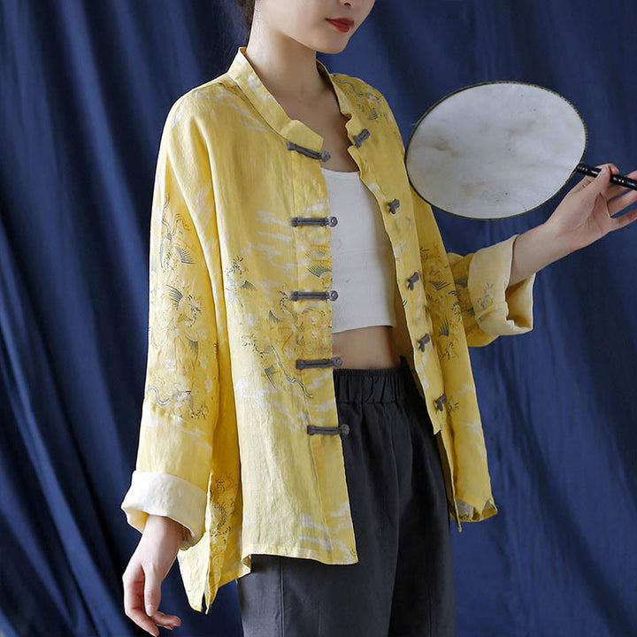 Camicia giacca in lino ramiè a maniche lunghe con stampa fenice gialla Buddha Stones Frog-button design