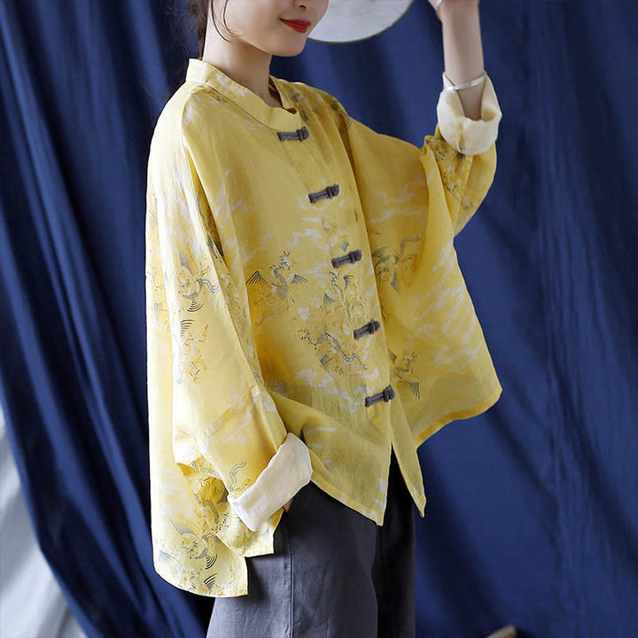 Camicia giacca in lino ramiè a maniche lunghe con stampa fenice gialla Buddha Stones Frog-button design