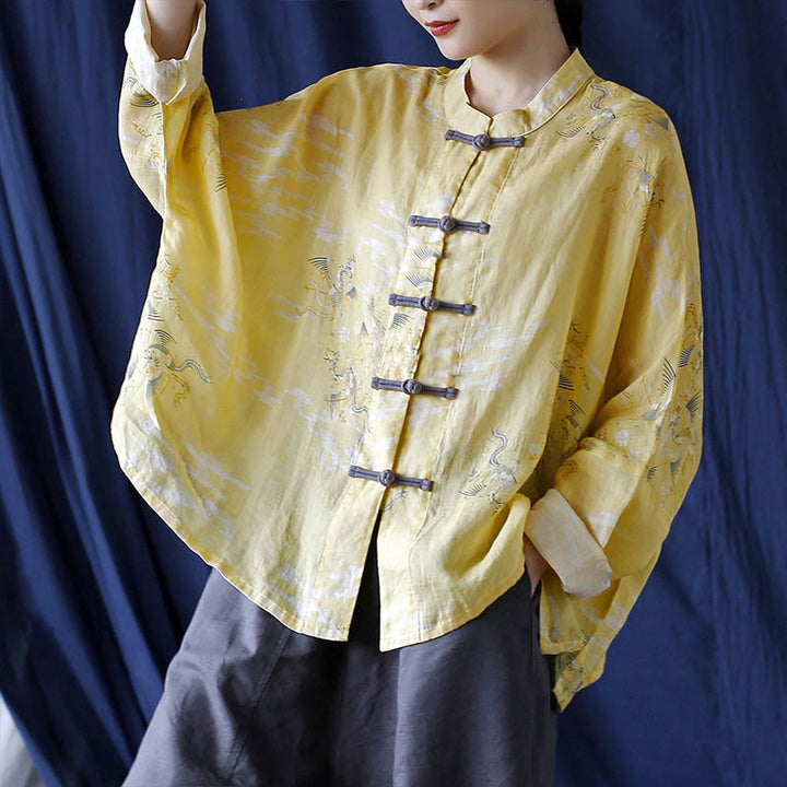 Camicia giacca in lino ramiè a maniche lunghe con stampa fenice gialla Buddha Stones Frog-button design