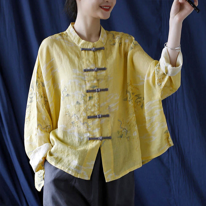 Camicia giacca in lino ramiè a maniche lunghe con stampa fenice gialla Buddha Stones Frog-button design