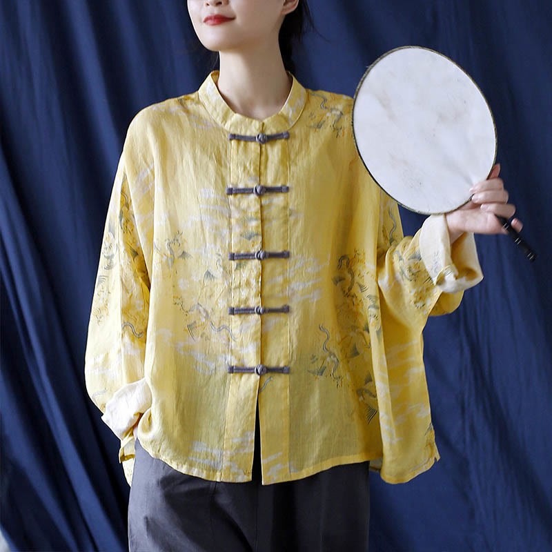 Camicia giacca in lino ramiè a maniche lunghe con stampa fenice gialla Buddha Stones Frog-button design