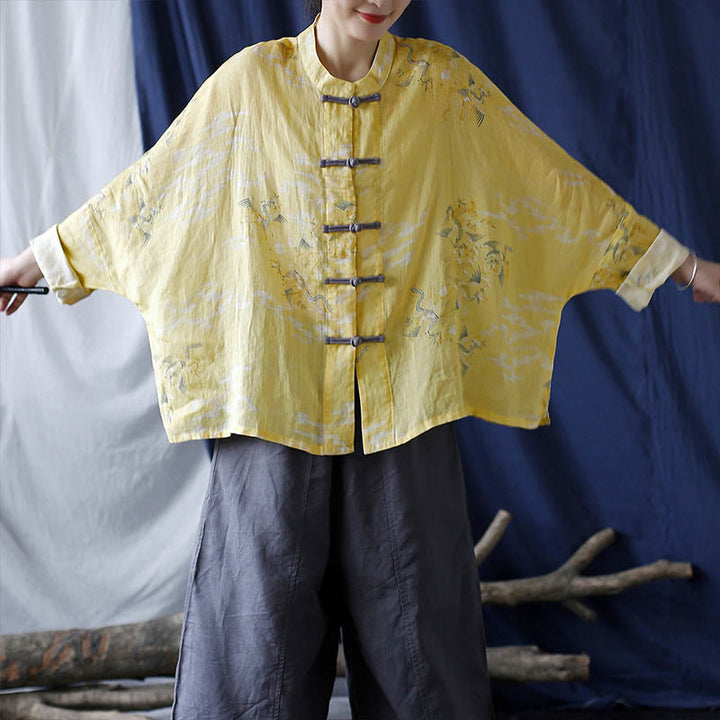 Camicia giacca in lino ramiè a maniche lunghe con stampa fenice gialla Buddha Stones Frog-button design