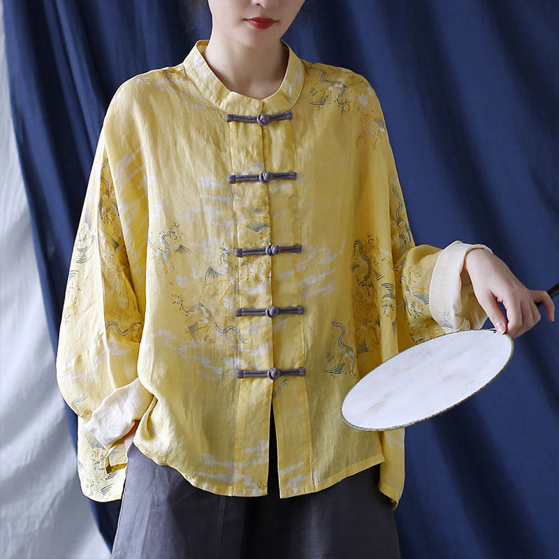 Camicia giacca in lino ramiè a maniche lunghe con stampa fenice gialla Buddha Stones Frog-button design