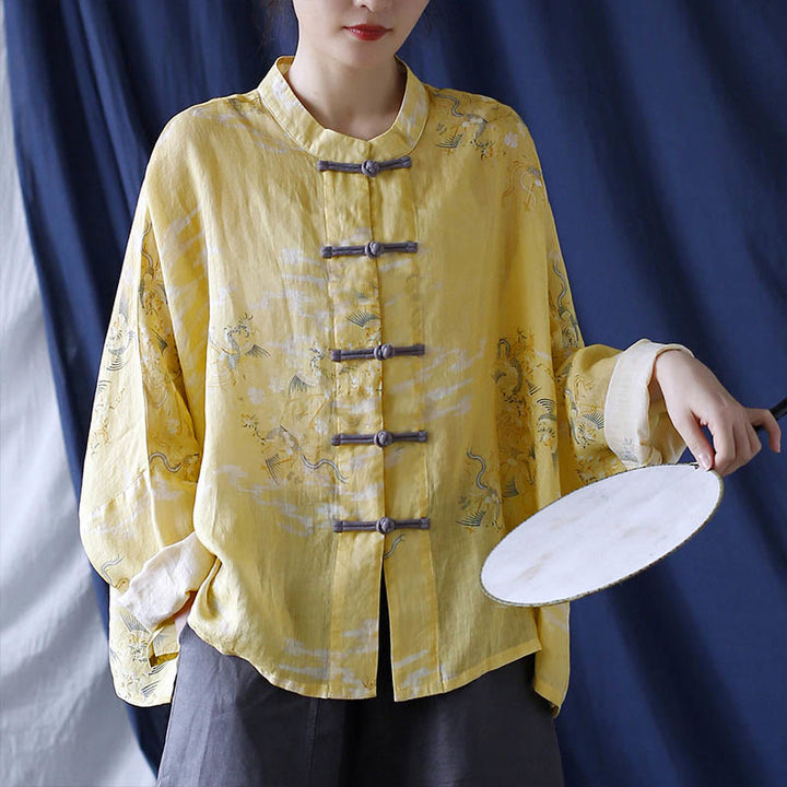 Camicia giacca in lino ramiè a maniche lunghe con stampa fenice gialla Buddha Stones Frog-button design