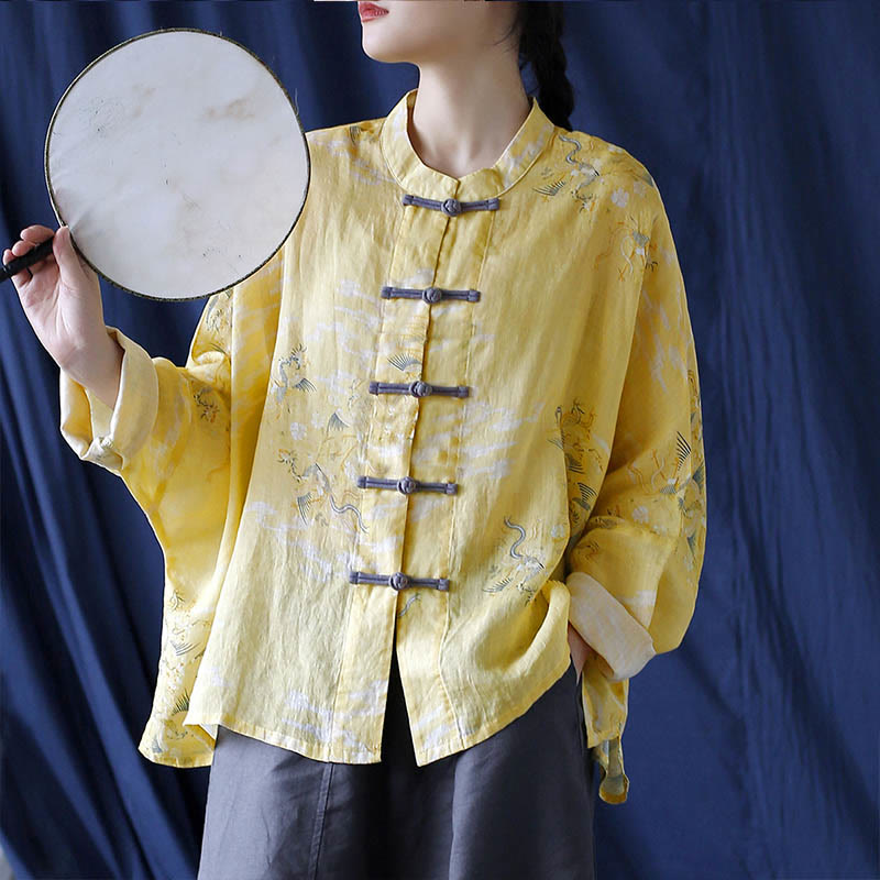 Camicia giacca in lino ramiè a maniche lunghe con stampa fenice gialla Buddha Stones Frog-button design - Giacca corta Yellow Phoenix (adatta per US4; UK/AU8; EU36-46) (solo giacca) - image 0
