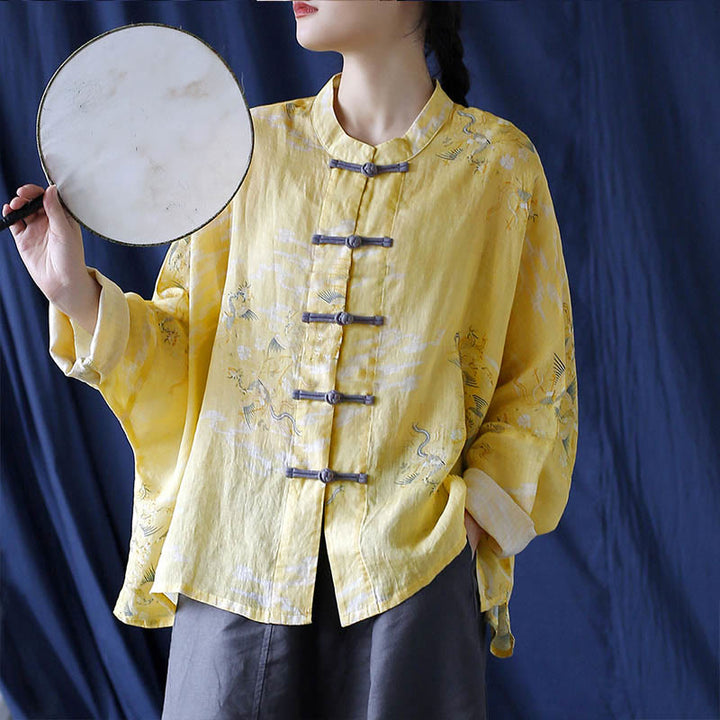 Camicia giacca in lino ramiè a maniche lunghe con stampa fenice gialla Buddha Stones Frog-button design - Giacca corta Yellow Phoenix (adatta per US4; UK/AU8; EU36-46) (solo giacca) - image 0