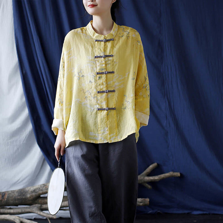 Camicia giacca in lino ramiè a maniche lunghe con stampa fenice gialla Buddha Stones Frog-button design