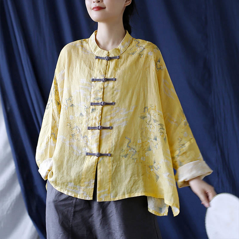 Camicia giacca in lino ramiè a maniche lunghe con stampa fenice gialla Buddha Stones Frog-button design