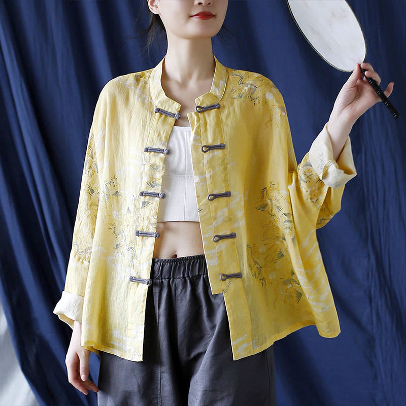 Camicia giacca in lino ramiè a maniche lunghe con stampa fenice gialla Buddha Stones Frog-button design