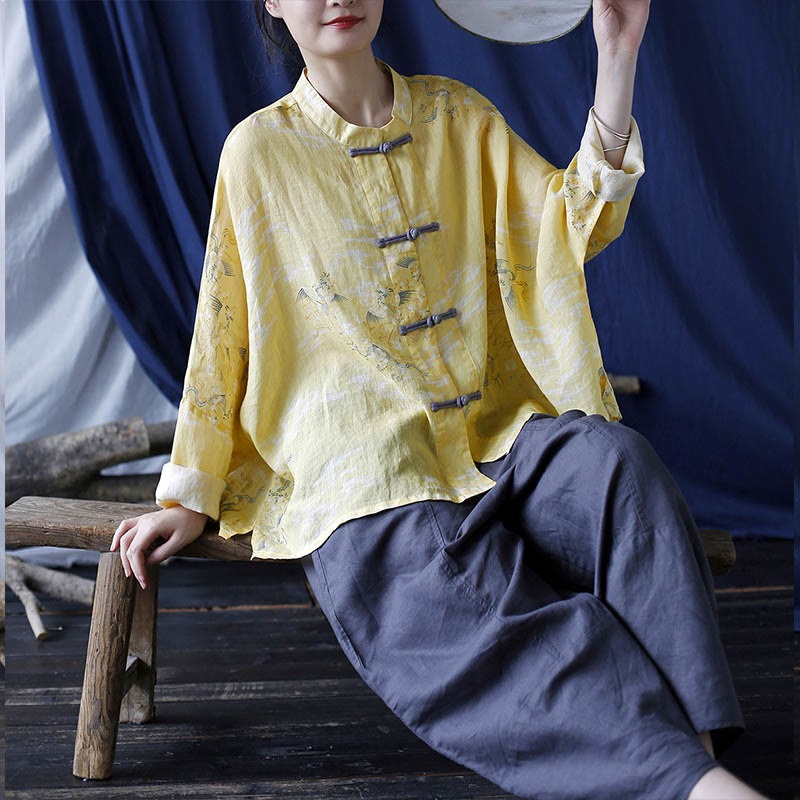 Camicia giacca in lino ramiè a maniche lunghe con stampa fenice gialla Buddha Stones Frog-button design